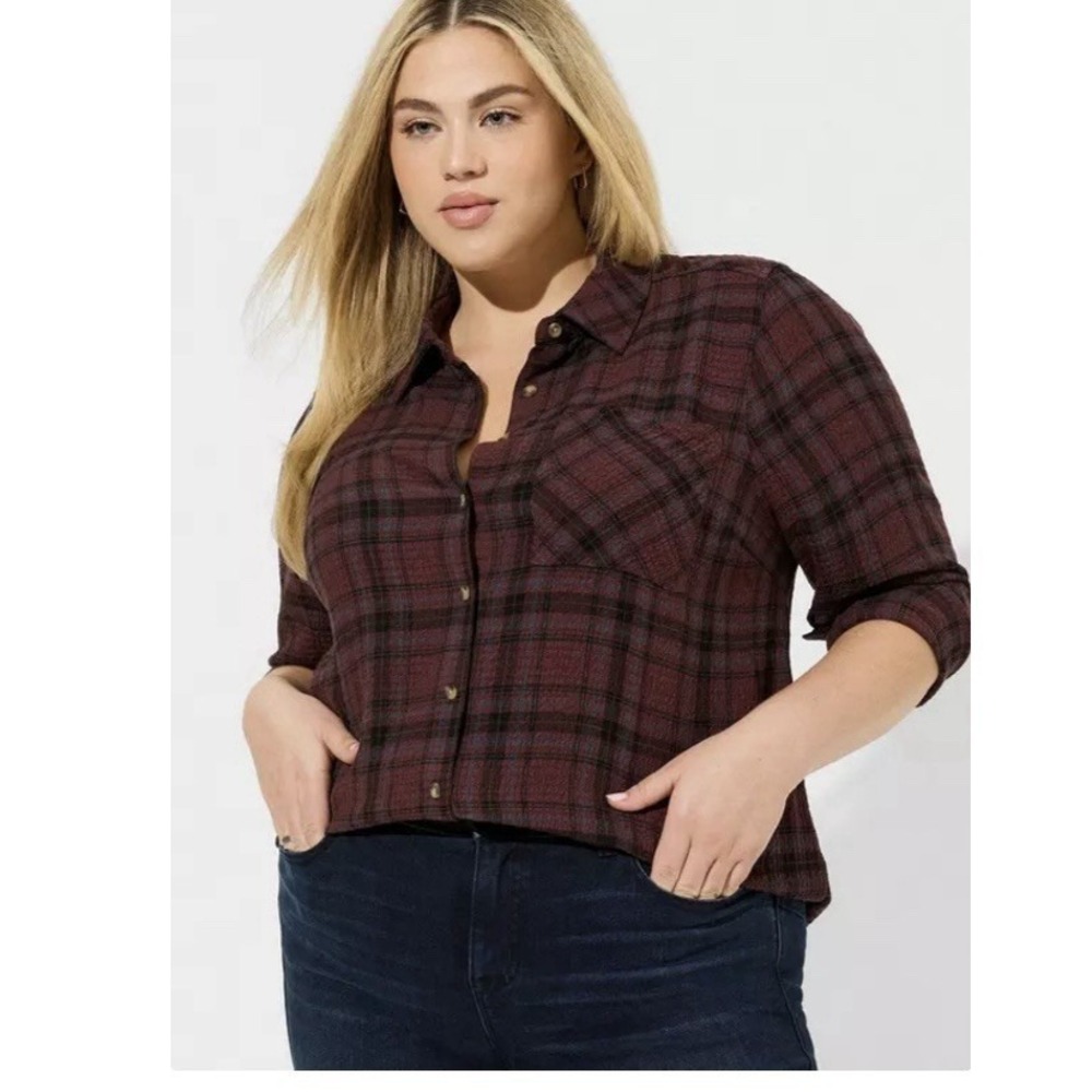Torrid Purple Lizzie‎ Crinkle Flannel Plaid Gauze Button Up Shirt Size 4X